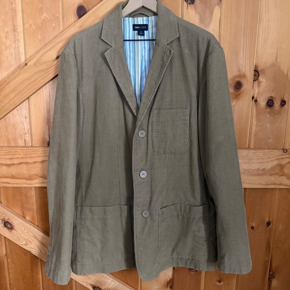 H&M LOGG Corduroy Blazer‎ Mens XL Tan Khaki Sport Coat 3-Button Striped Lining